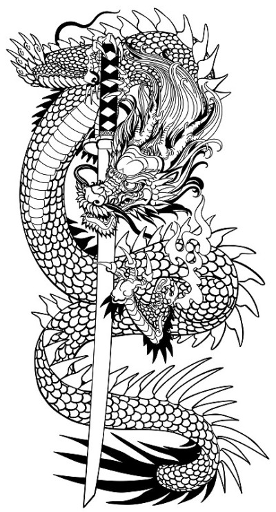 日本龙与武士刀。黑色和白色