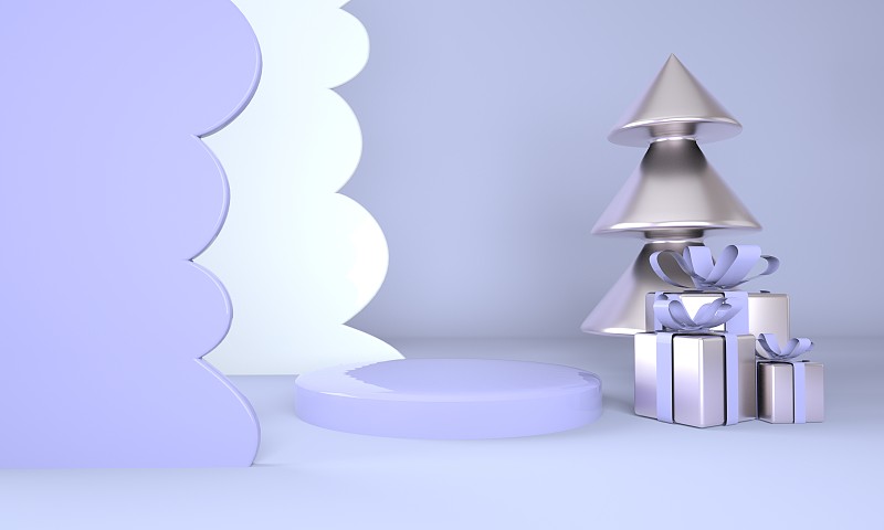 圣诞背景与圣诞树和舞台的产品展示。3 d渲染。