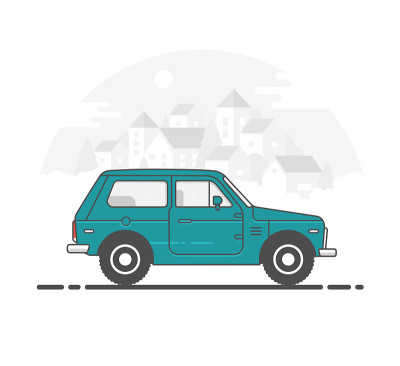 复古乡村蓝色越野车4x4。汽车侧面。平面卡通孤立插图。