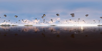 360°全景日落天空与许多飞行岛屿