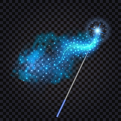 具有梦幻灯光效果的魔杖。神奇的蓝光和闪光，星尘痕迹。透明背景上的孤立物体，矢量插图