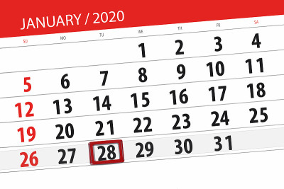 日历计划2020年1月，截止日期，28日，星期二