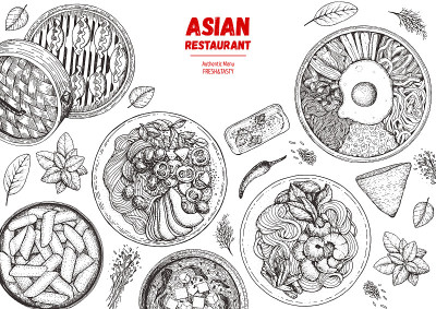 亚洲美食小品收藏。手绘矢量插图。美食菜单设计模板，刻字元素。地中海食物。