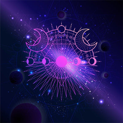 矢量插图的神圣几何符号与行星和恒星的空间背景。