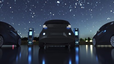 电动汽车充电站。电动汽车在充电站。三维渲染