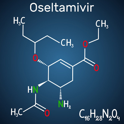 奥司他韦抗病毒药物分子。深蓝色背景上的结构化学式