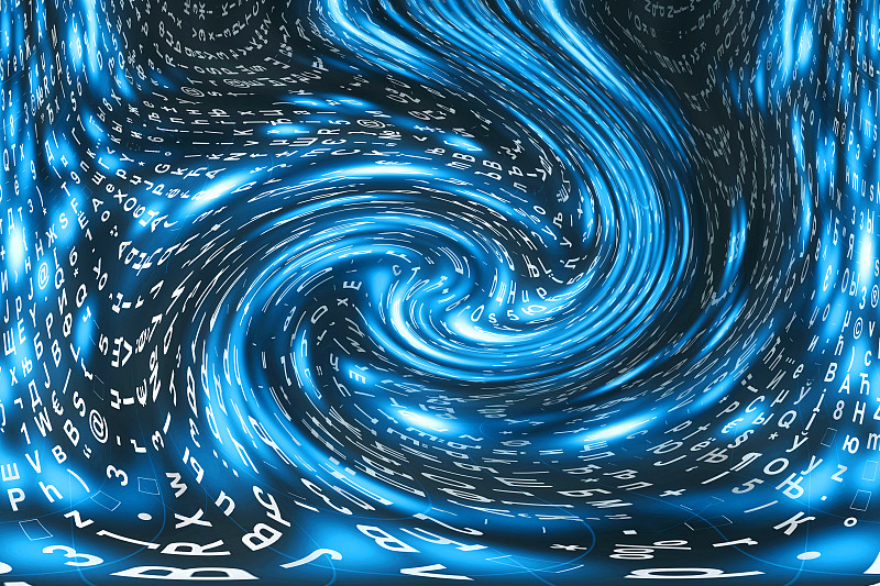 蓝色矩阵数字背景。扭曲的网络空间的概念。人物落入虫洞。入侵矩阵。虚拟现实设计。复杂的算法数据黑客。青
