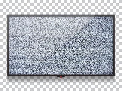 逼真的平面液晶电视模板与静态电视黑白噪声与glitch效果。