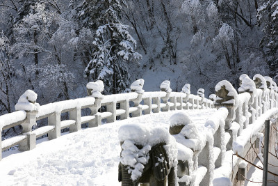 美丽的冬天的风景。白雪皑皑的石桥。(韩国江原道御田山国家公园)