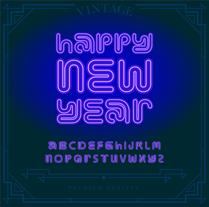 Happy New Year Holiday. Bright Neon Alphabet Lette