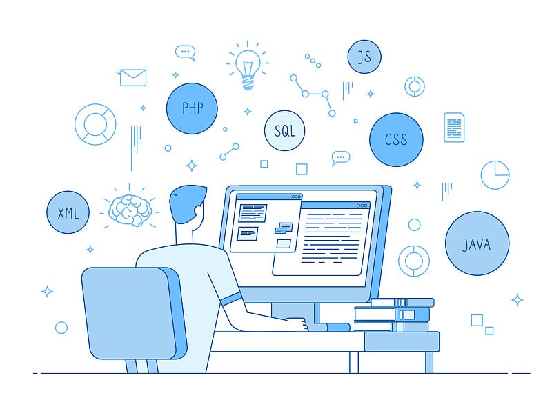 程序员编码的网站。程序员网页设计师工作在javascript, php代码编程语言。软件开发向量概念
