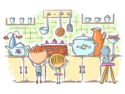 Kids are attracted by the cake in the kitchen, car