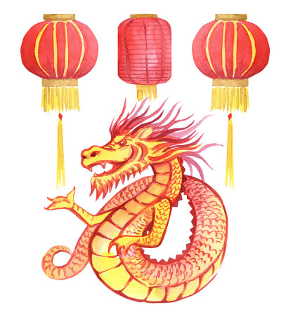 中国龙。水彩画的金龙。中国新年。假期。白色背景上的龙。