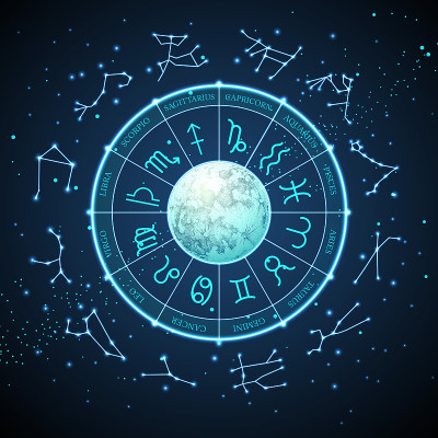 现代魔法巫术占星轮与星座的空间背景。霓虹星座矢量图