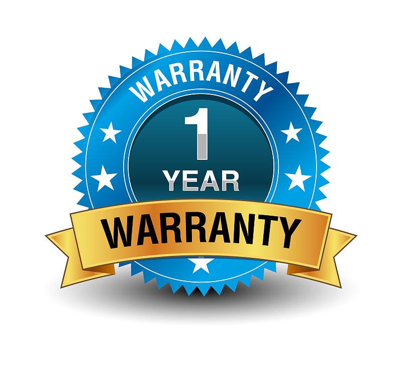 Blue powerful 1 year warranty badge with golden ri
