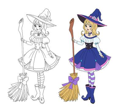 漂亮的卡通女巫拿着木扫帚。金发，蓝衣服，大帽子。手绘矢量插图着色书。孤立在白色