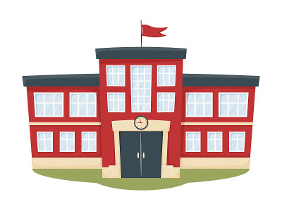 红色的现代学校建筑。带有房屋正面的城市景观。