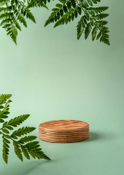 木制的讲台，以蕨类植物的叶子为背景，展示化妆品。现代静物。