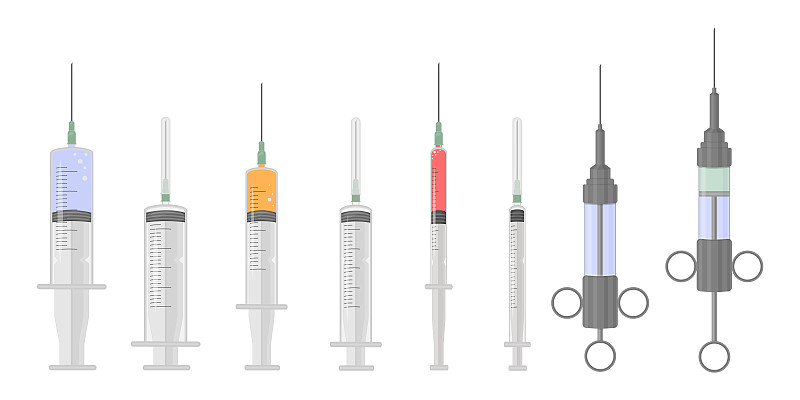 一套不同形状和用途的医疗注射器。注射器注射。一次性和可重复使用的老式注射器，里面装满了药物。向量