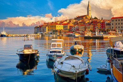 Rovinj old town, Istria, Croatia. Motorboats water