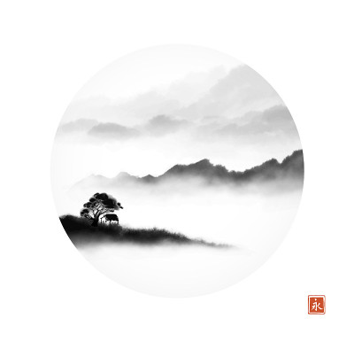 景观与迷雾森林山脉在圈。传统东方水墨画梅花、梅花、梅花。象形文字——永恒