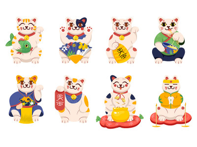 有趣的maneki neko卡通人物矢量插图集