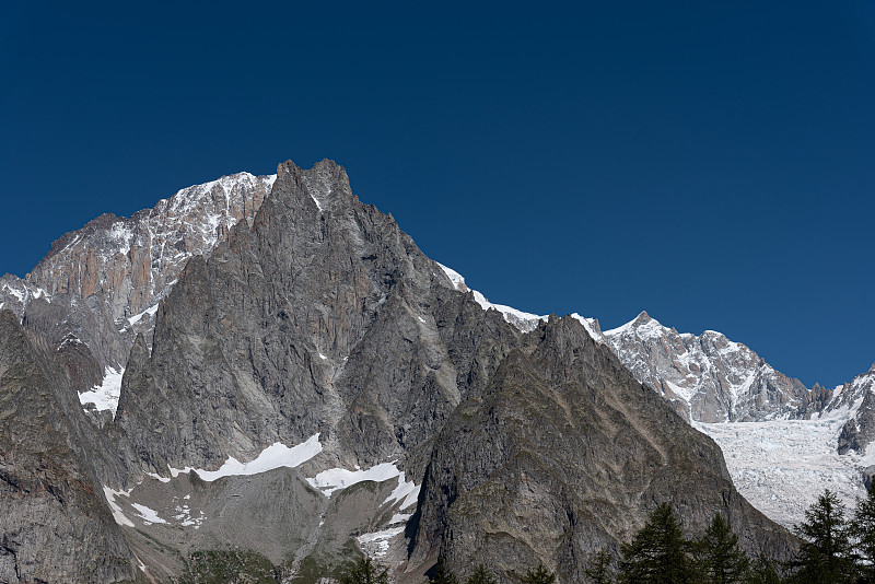 巨大的勃朗峰。佩特里黑针山，勃朗峰和布伦瓦冰川