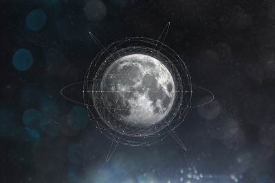 卫星绕月球运行。月球从空间与几何网络多边形图形和连接线。探索太阳系。库存图片
