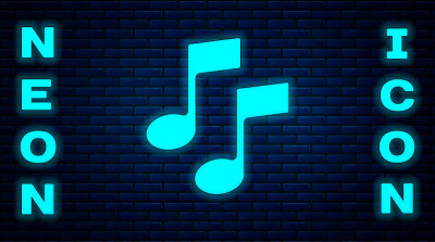 发光的霓虹灯音乐音符，色调图标孤立在砖墙背景。矢量图