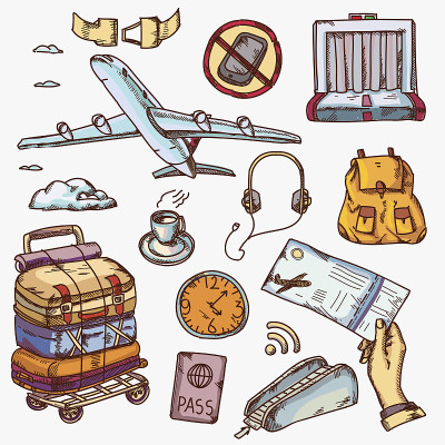 机场和航空旅行图标的概念旅行的飞机旅游