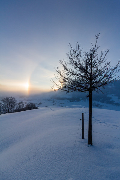 冬季阿尔卑斯山的雪景，日出带晕现象