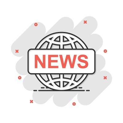 矢量卡通全球新闻在漫画风格图标。世界新闻标志插图象形文字。企业喷溅效应概念简讯。