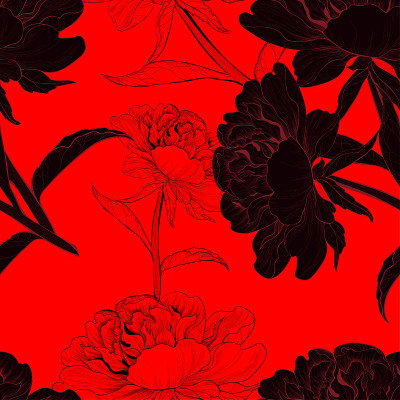 矢量图。牡丹-花、芽、叶。无缝模式。图形。使用印刷品、招牌、海报、明信片、包装。