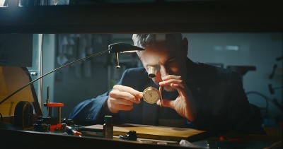 肖像近距离的专业钟表匠在一个车间的古董机械钟上工作。