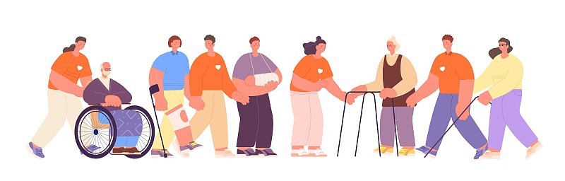 志愿者照顾。人群中有各种各样的人，残疾人、年轻人和老年人。社会支持服务、慈善彻底载体观念