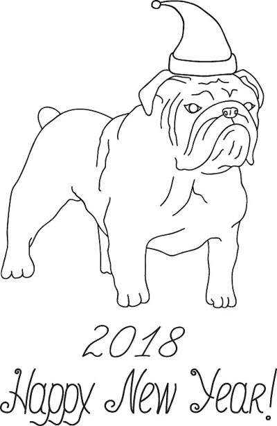 2018年新年快乐贺卡。白色和黑色的英国斗牛犬坐在圣诞老人的帽子。手绘草图矢量插图。书法刻字。成人儿