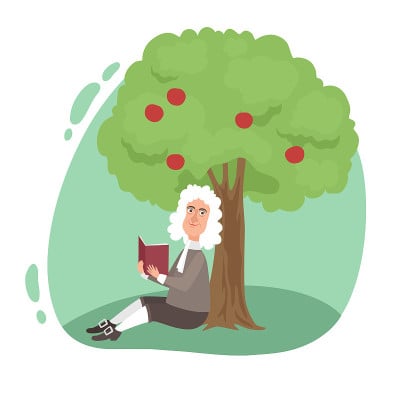 微笑的科学家牛顿在苹果树下看书