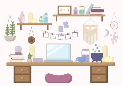 现代女巫工作空间在柔和的颜色平面插图