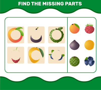 Find the missing parts of cartoon fruits. Searchin