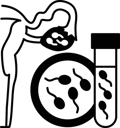 卵巢，包含男性精子和试管概念向量图标设计，白色背景上的体外受精符号，妊娠和产科体征，