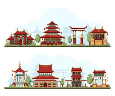 亚洲的风景。中国传统文化建筑建筑模板宝塔宫殿矢量背景插图