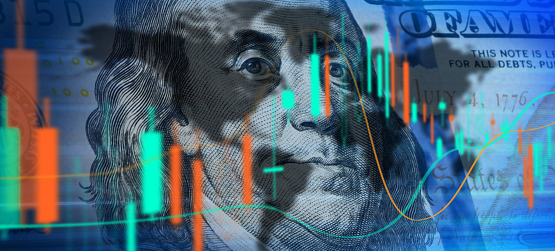 股票市场概念，金融数据分析图表显示市场趋势超过美元的数字显示器