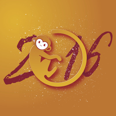 可爱的新年明信片，黄色背景上有猴子的标志