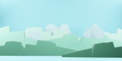 山，天空和云彩，太阳在天空剪纸风格3D插图