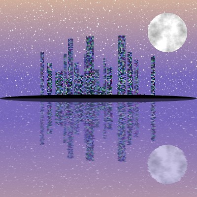 扫描夜间城市景观插图与建筑在岛上