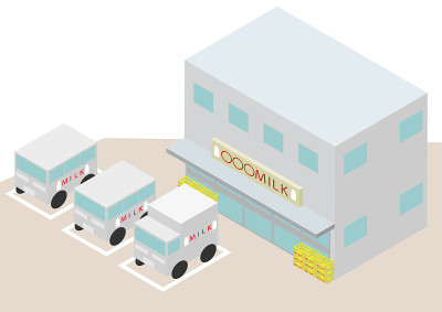 等距的送奶店建筑和汽车