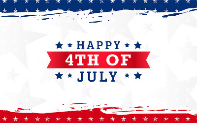 7月4日美国独立日快乐设计与红丝带在现代红&蓝垃圾刷背景与明星。用于销售横幅，折扣横幅，广告横幅，明