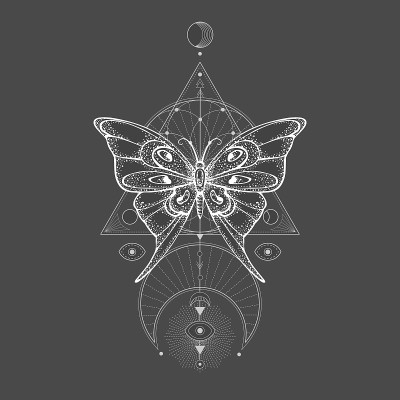 矢量插图与手绘蝴蝶和神圣的几何符号在黑色的背景。抽象的神秘符号。