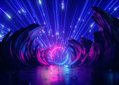 3d渲染，抽象的未来霓虹背景，粉蓝色烟花，宇宙景观，发光的圆形框架，紫外线光，虚拟现实空间，能源，山