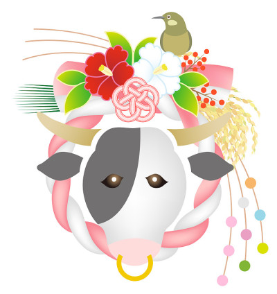 日本新年装饰一头牛，孤立在白色的背景上